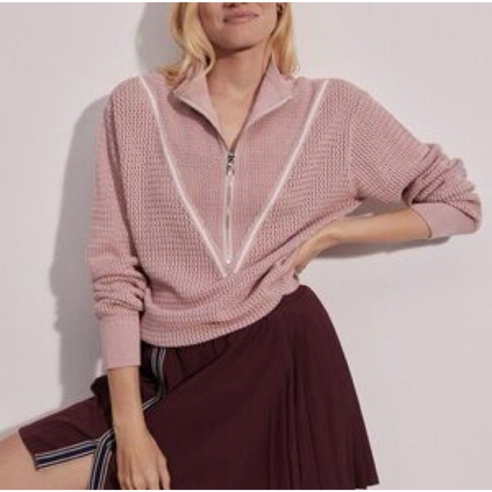 Varley Calva Knit Polo Sweater Pink Mauve V-Neck, Sheer, Small NWT - Picture 2 of 14